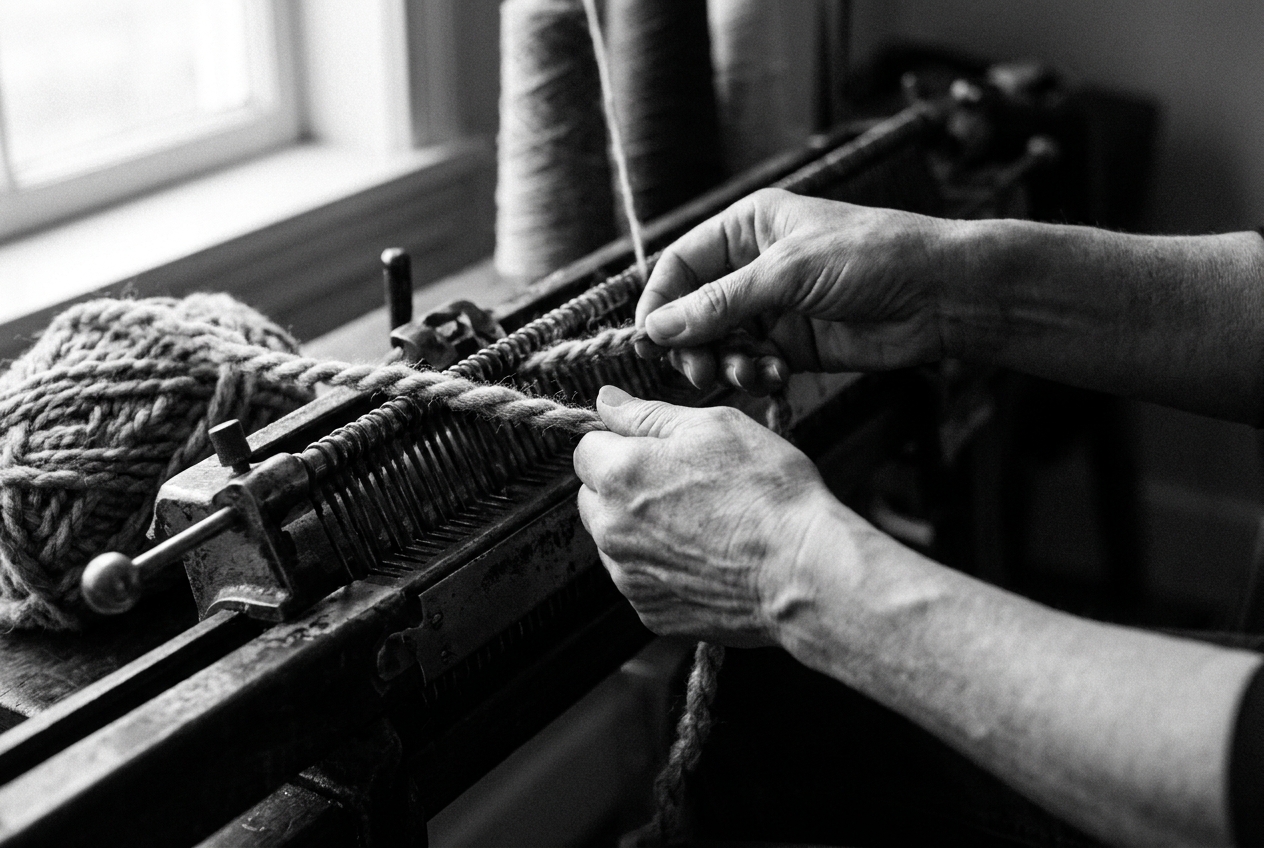 Hands working at a knitting machine
